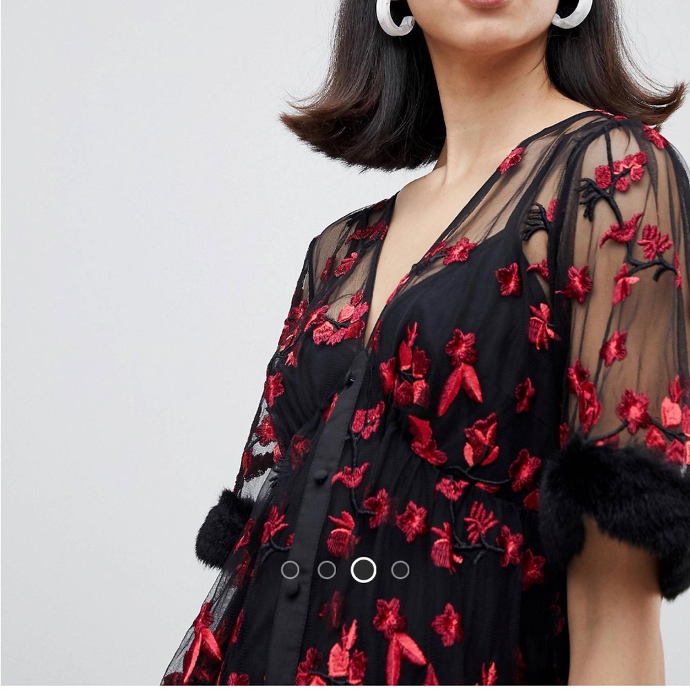 ASOS embroidered mini smock dreck with faux fur trims - Picture 3 of 6